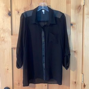 Studio Y black sheer top w/ faux leather accents